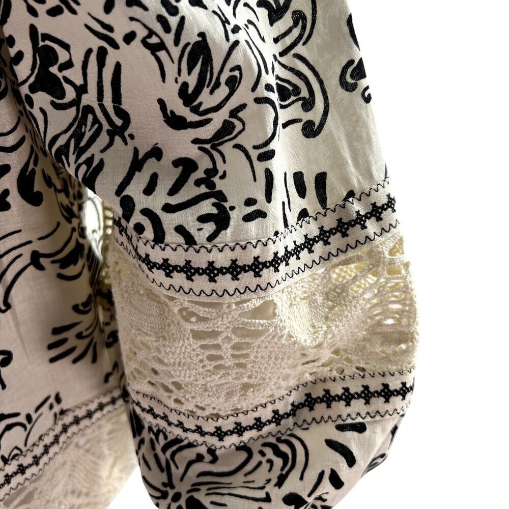 NWT Christian Siriano Linen Blend Boho Cream Black Peasant Crochet Crop Top S - Picture 4 of 11
